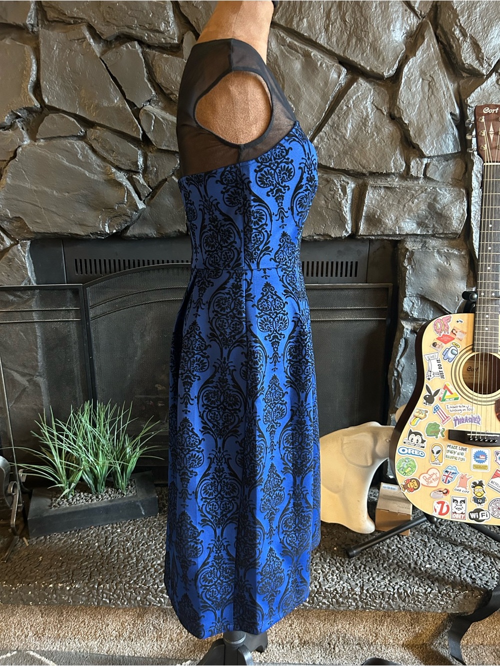 Enfocus Studio Blue and Black Damask Midi Dress with Sheer Yoke